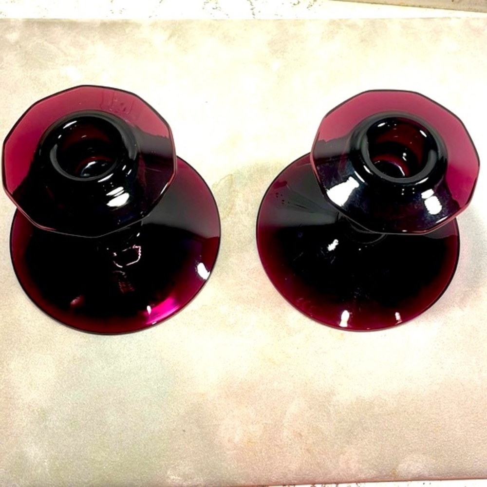 Pair of 2 Black Amethyst Candlestick Holders Decagon Pattern Excellent Condition - Picture 4 of 9